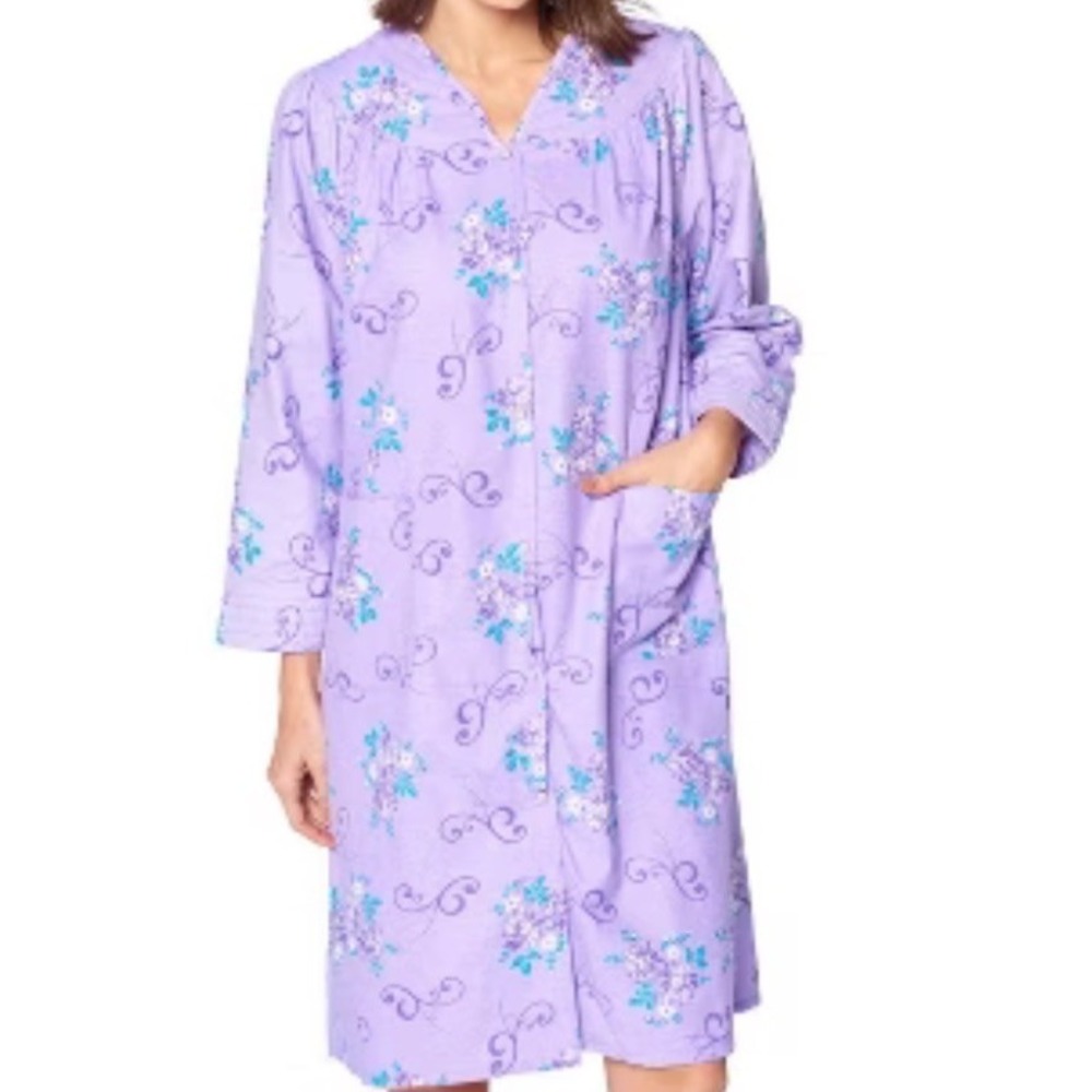 Casual Nights House Dress Women Medium Purple Excellent Floral Flannel Snaps